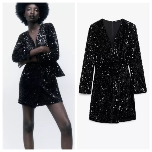 NWT Zara sequins black mini dress, long sleeves wrapped style with bow, size XS - Picture 2 of 7